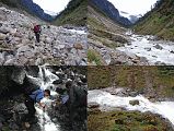 6 3 Crossing Landslides and Streams Next to Barun Khola On Way To Yangle Kharka The trail traverses up and down alongside the Barun Khola until it reaches an open landslide area in another 35 minutes. It took 40 minutes to cross this long landslide area just above the Barun Khola, with lots of boulder hopping and streams to jump across. Beyond the landslides, the valley widens and the forest gives way to rolling alpine meadows.